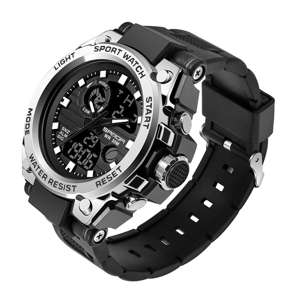 Reloj Hombre Deportivo Análogo Digital Impermeable con Cronógrafo Militar- Plateado