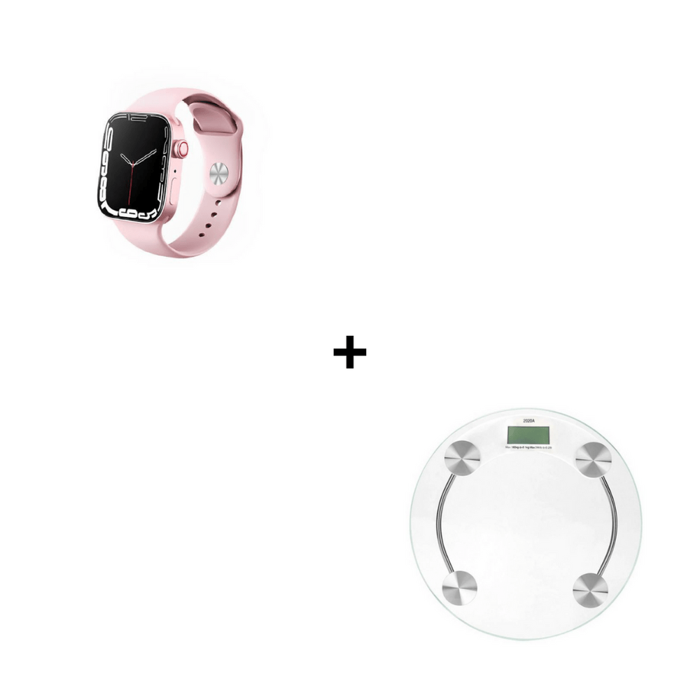Combo Smartwatch I8 Pro Max Rosado + Balanza Digital Corporal de Vidrio