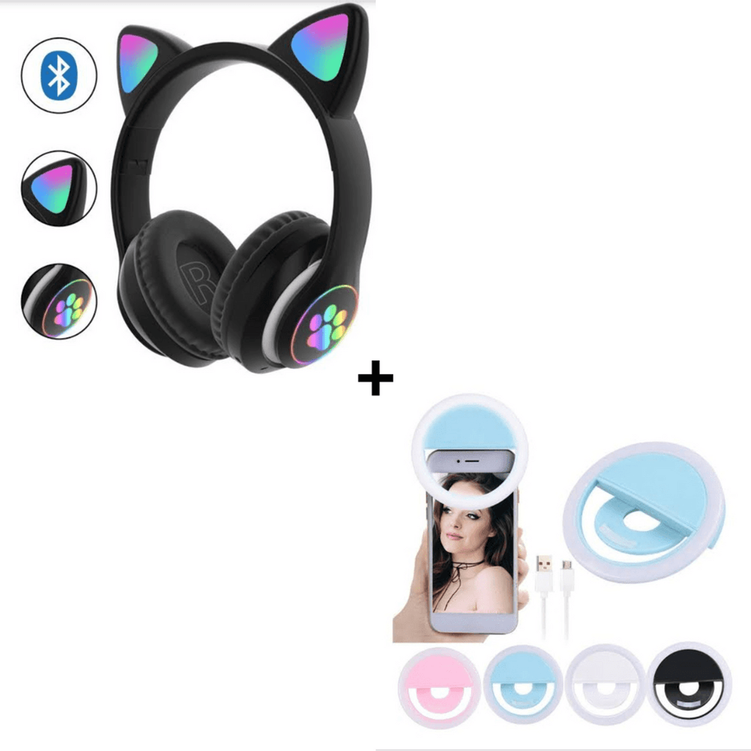 Combo Aud fonos Bluetooth Oreja de Gato con Luz Led Negro Selfie