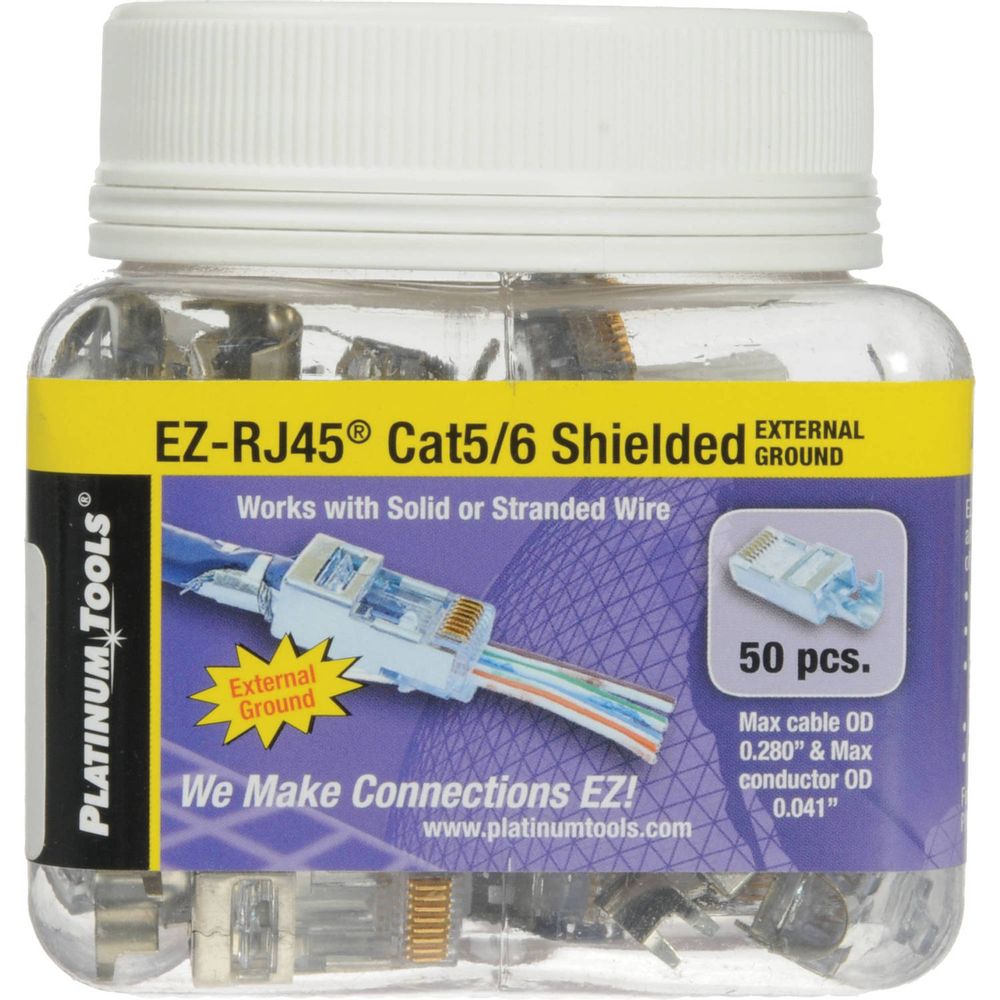 Conectores Ez Rj45 Blindados Platinum Tools para Cat5E y Cat6 con Tierra Externa Envase de Frasco