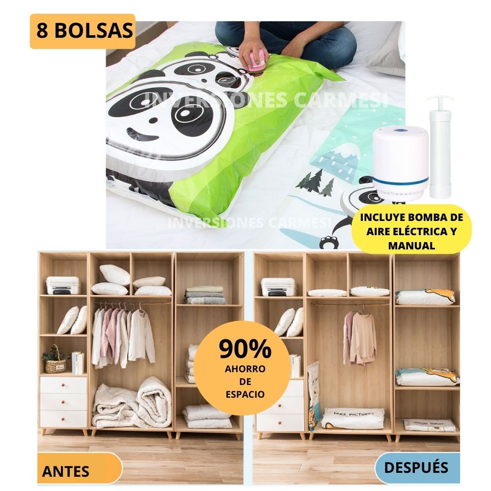 Set X 8 Bolsas Compresora Osos Escandolosos para Ropa Incluye Bomba Eléctrica