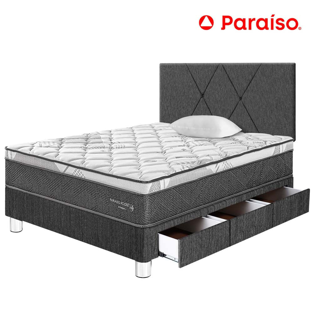 Dormitorio PARAISO Pocket Star C/Cajones 1.5 Plazas + Cabecera Loft Charcoal + 1 Almohada + 1 Protector