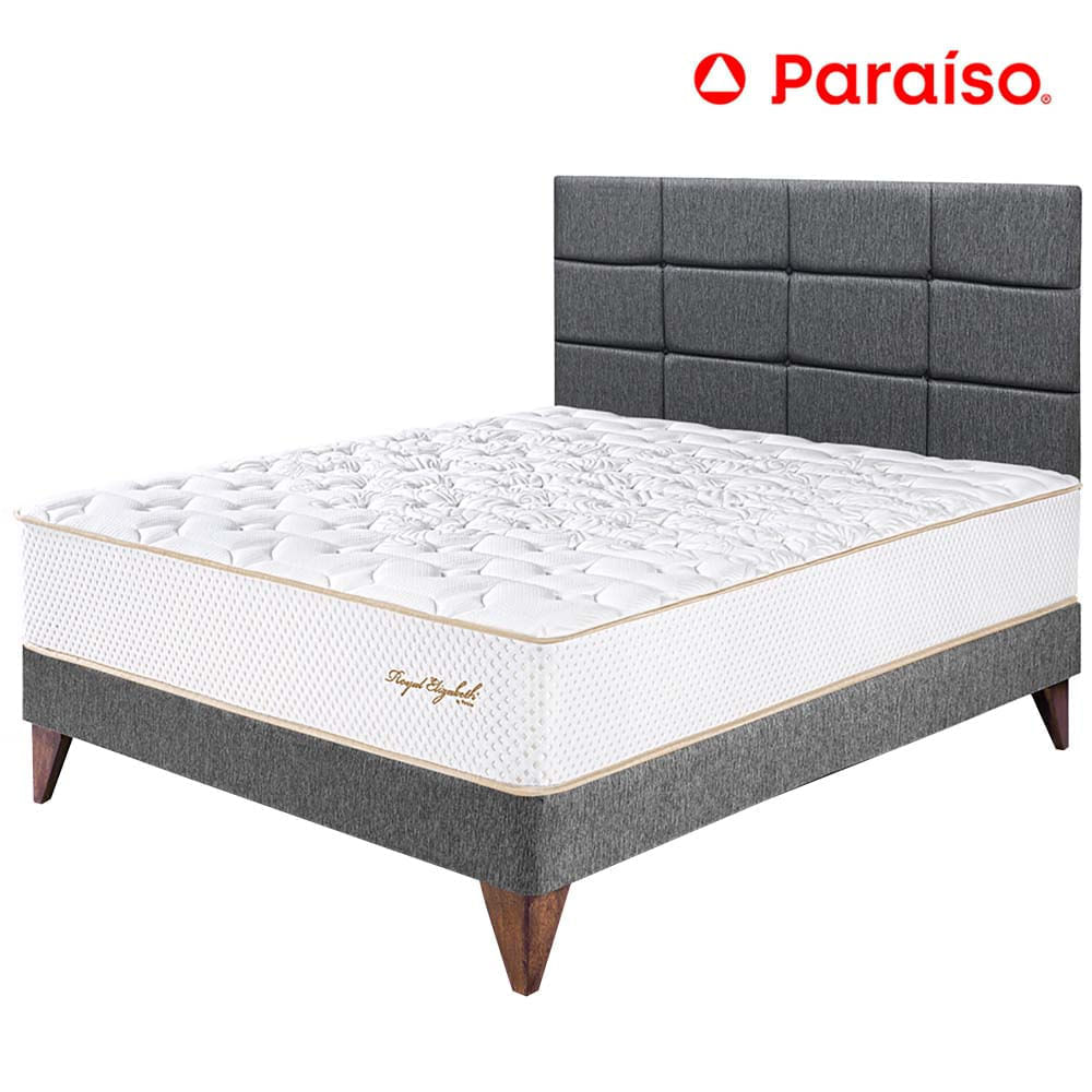 Dormitorio PARAISO Euro Royal Elizbeth 2 Plazas + Cabecera Blocks Gris + 2 Almohadas
