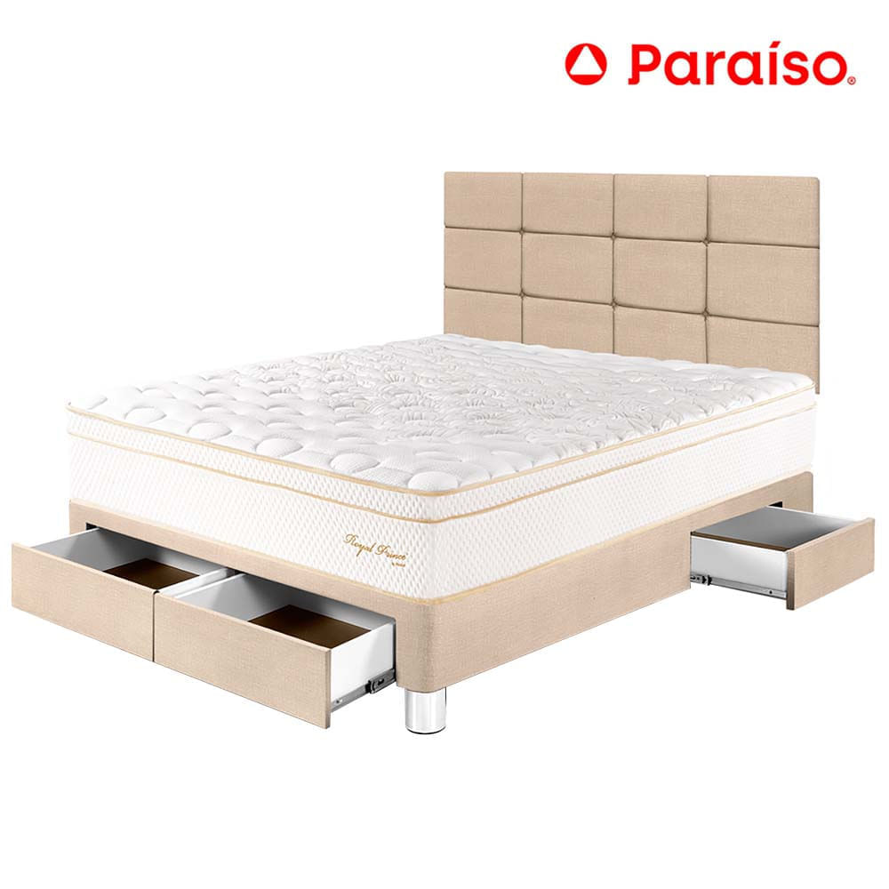 Dormitorio PARAISO Royal Prince C/Cajones 2 Plazas + Cabecera Blocks Champagne + 2 Almohadas