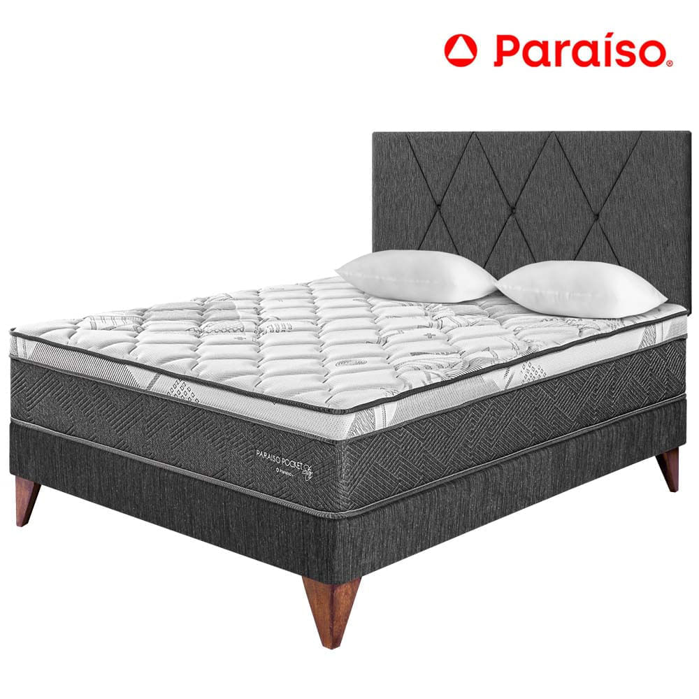 Dormitorio PARAISO Euro Pocket Star 2 Plazas + Cabecera Loft Charcoal + 2 Almohadas + 1 Protector