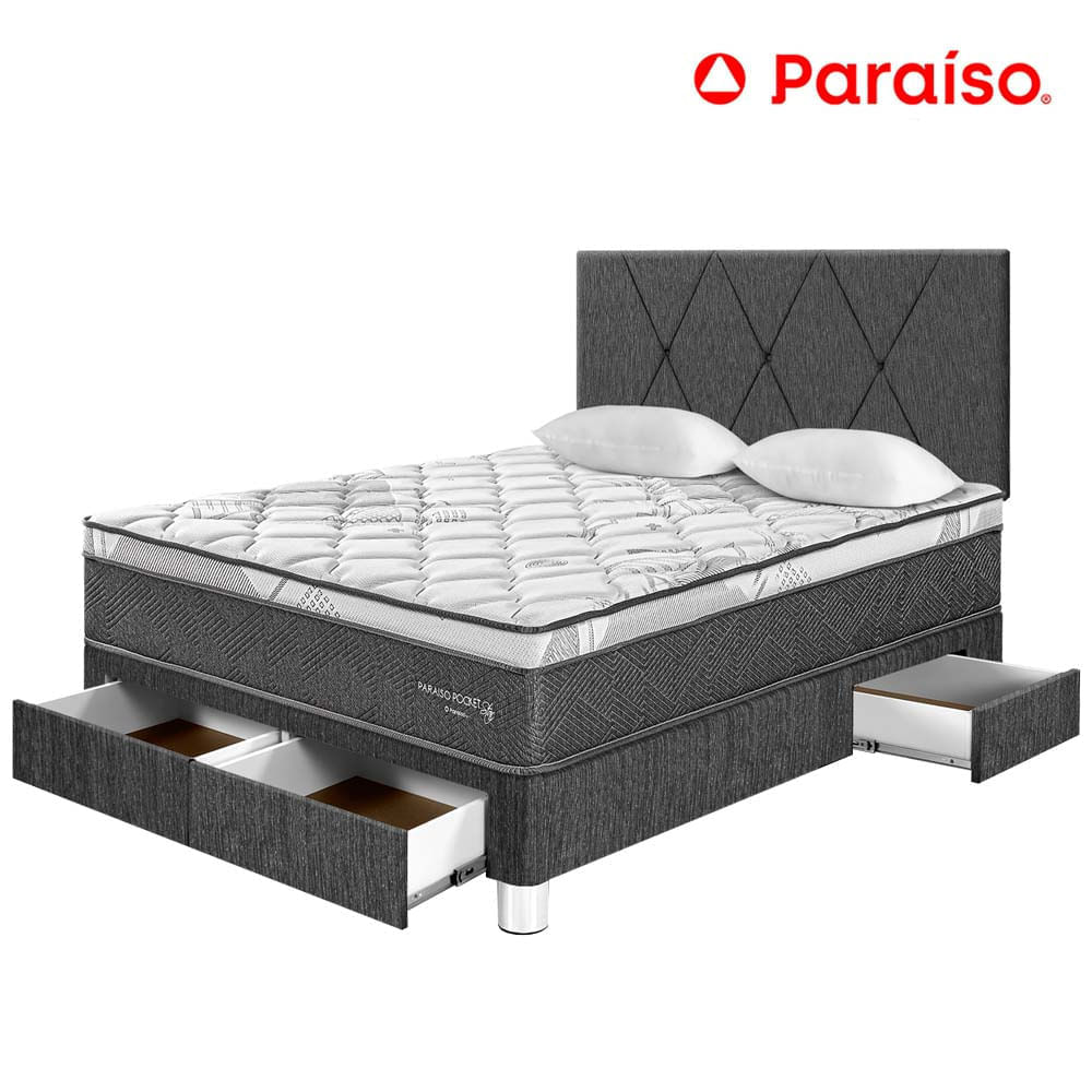 Dormitorio PARAISO Pocket Star C/Cajones 2 Plazas + Cabecera Loft Charcoal + 2 Almohadas + 1 Protector