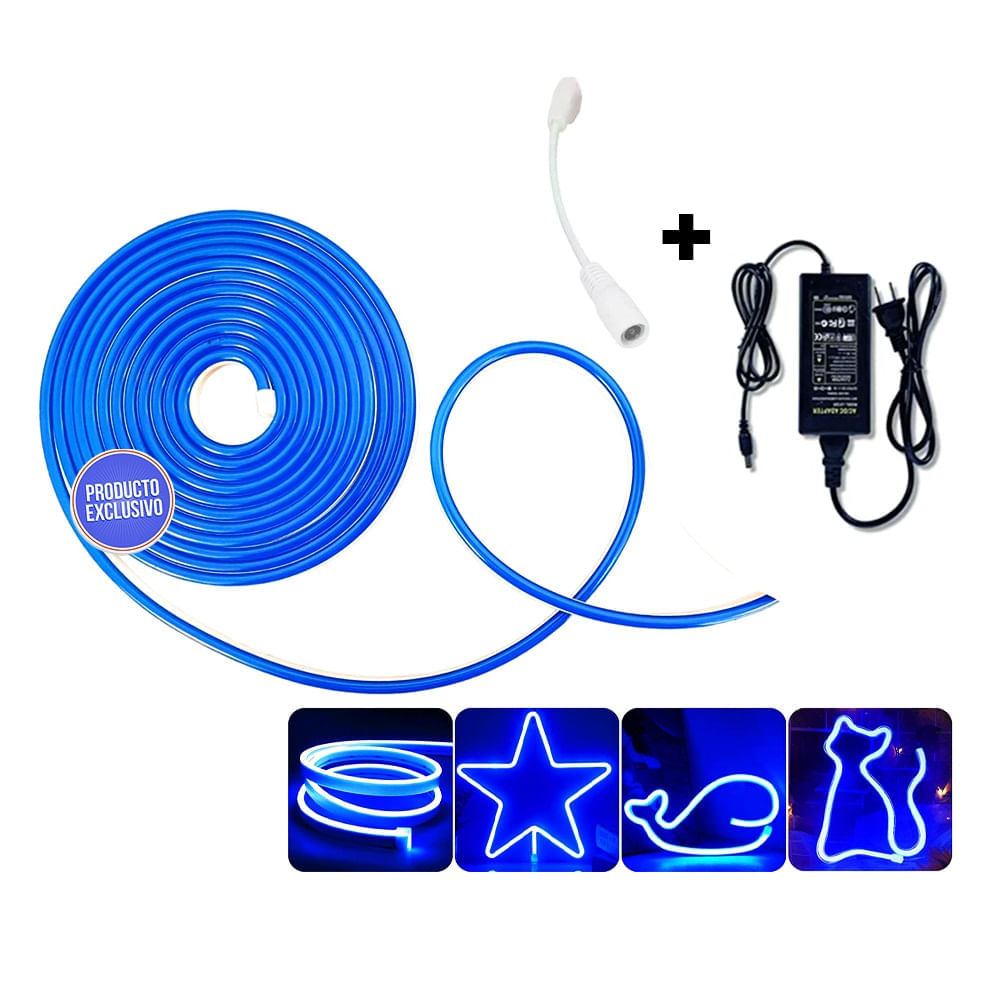 Pack Cinta Led 5 metros 12v Azul Neón más Transformador