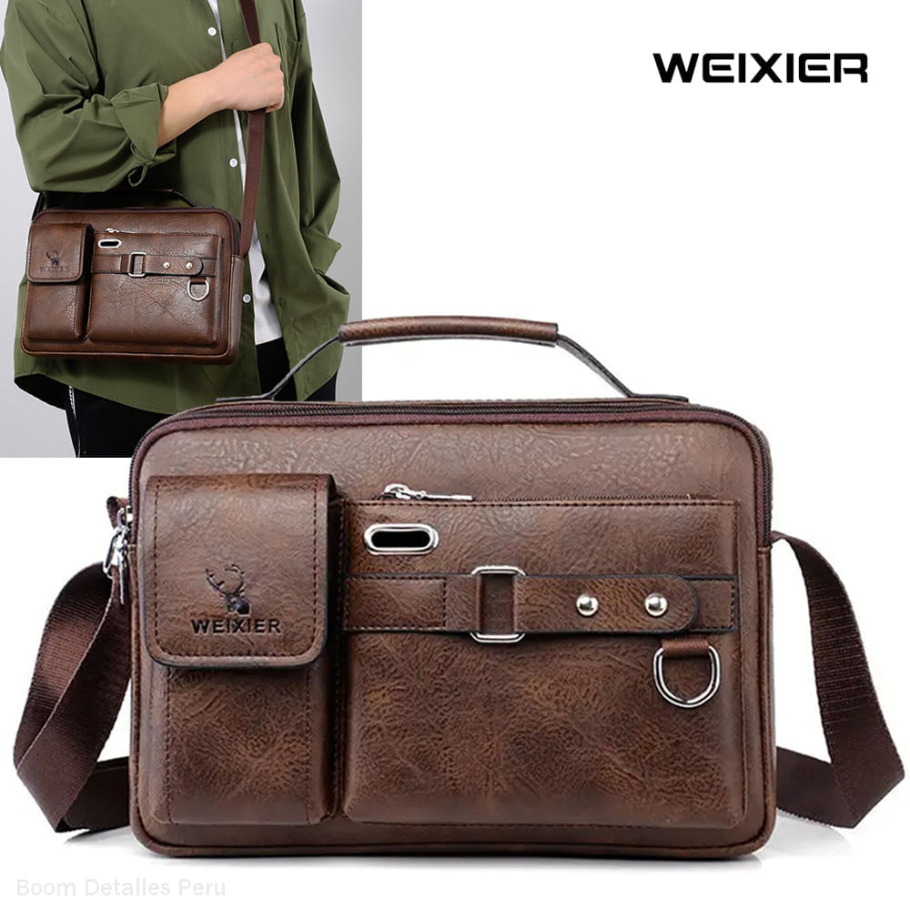 Bandolera Hombre Cuero Impermeable Morral Weixier Porta Tablet - Marrón Oscuro