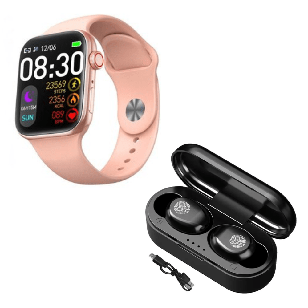Pack Smartwatch T900 Pro Max L Rosado y Audífonos Bluetooth F9 Mini Negro Waterproof