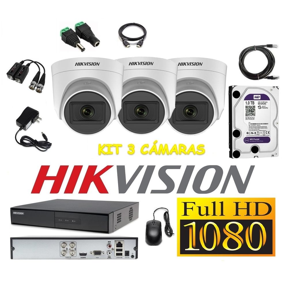 Cámaras Seguridad Kit 3 HIKVISION Domo FULLHD Audio Incorporado 1Tb