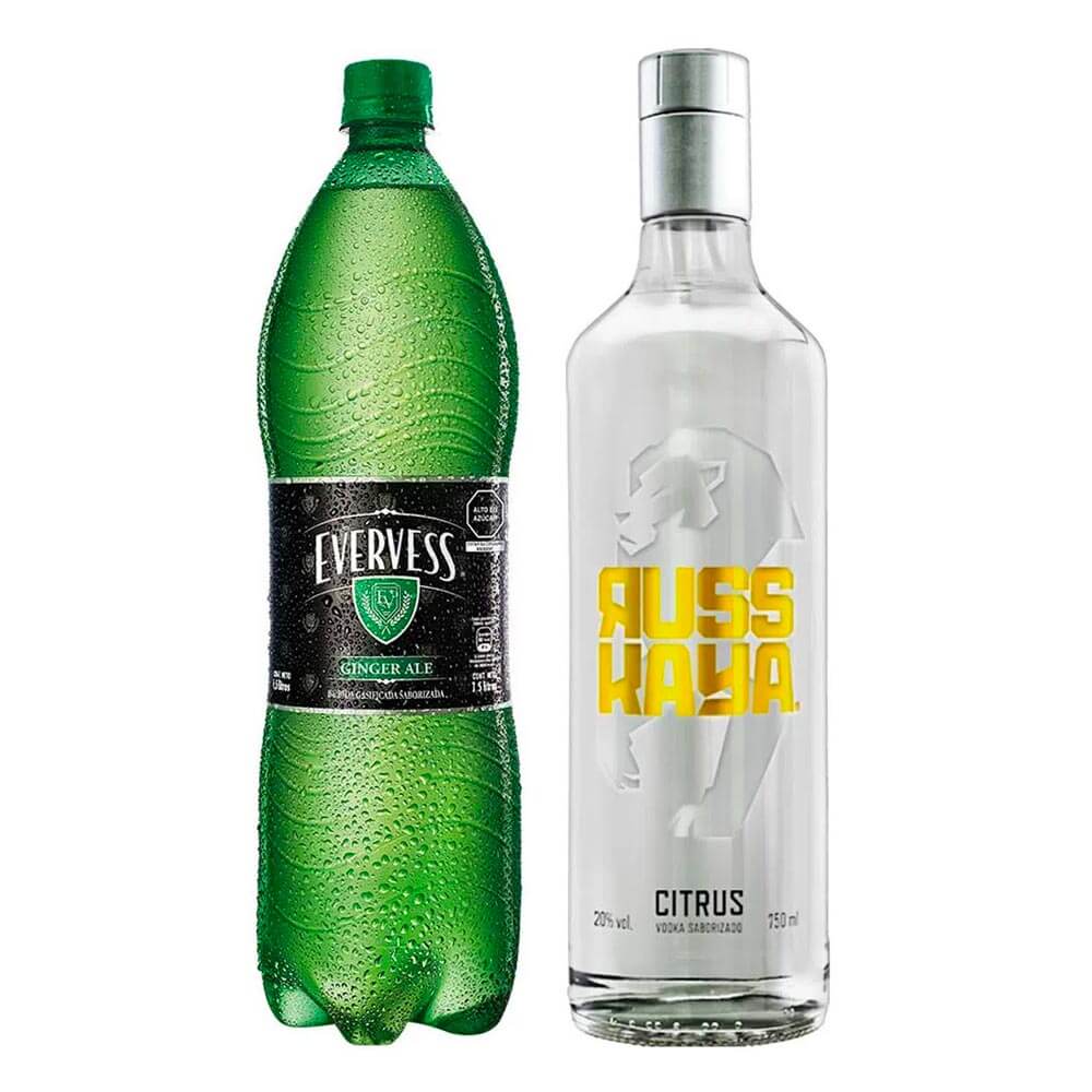 Pack Vodka RUSSKAYA Citrus Botella 750ml + Gaseosa EVERVESS Ginger Ale Botella 1.5L