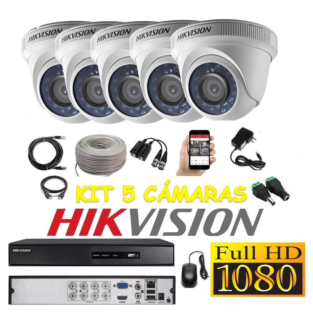 kit 5 Cámaras Seguridad Domo Interior FULLHD Hikvision + Cable