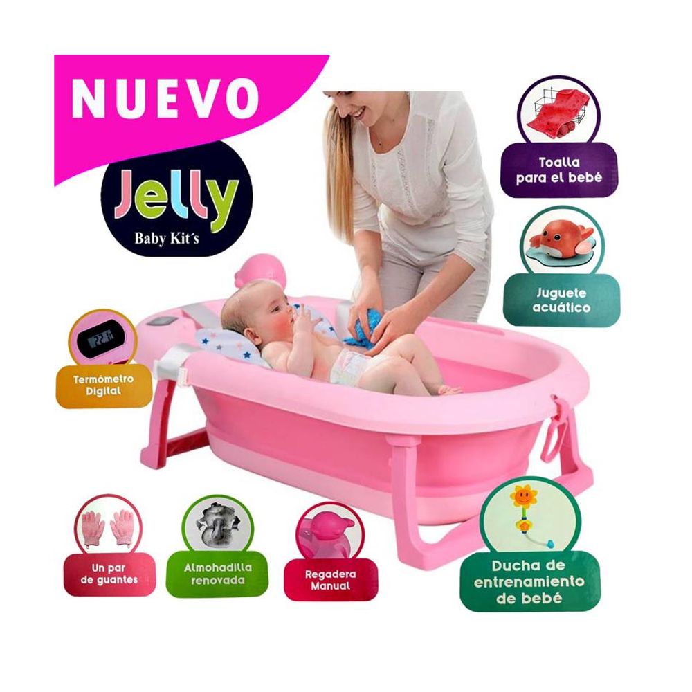 Bañera Tina De Baño Con Cojin Y Termometro De Bebés Plegable Rosa
