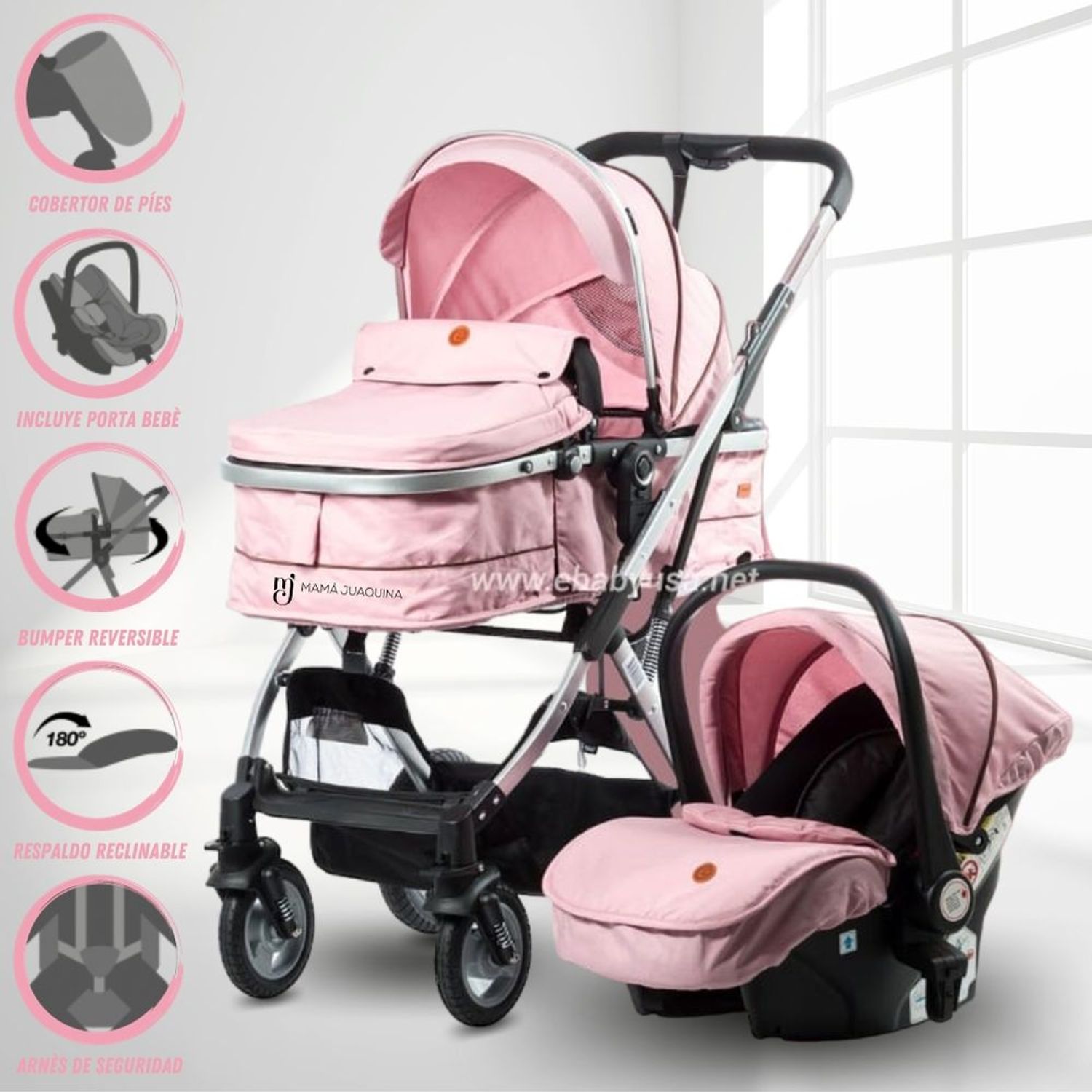 Coche Cuna Travel System Ebaby Ronda Plus con Porta beb Rosado I