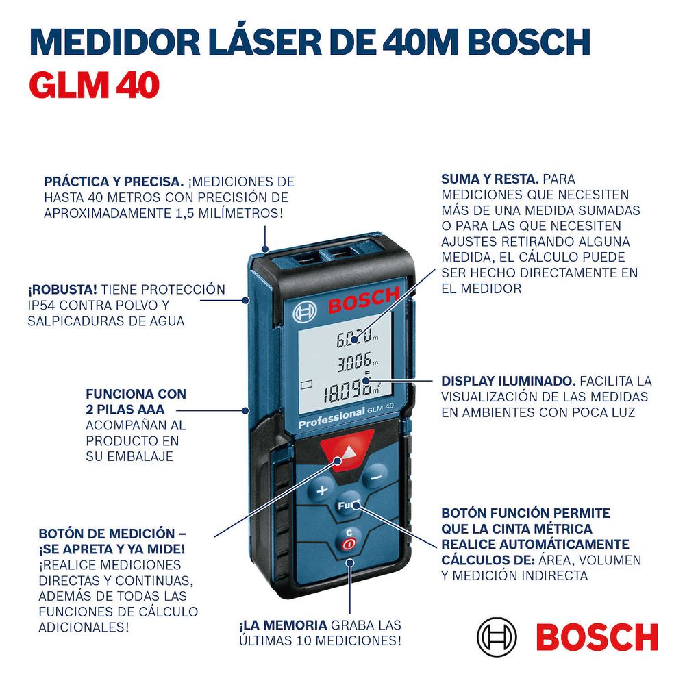 Medidor láser Bosch GLM 40 alcance 40m con estuche - Promart