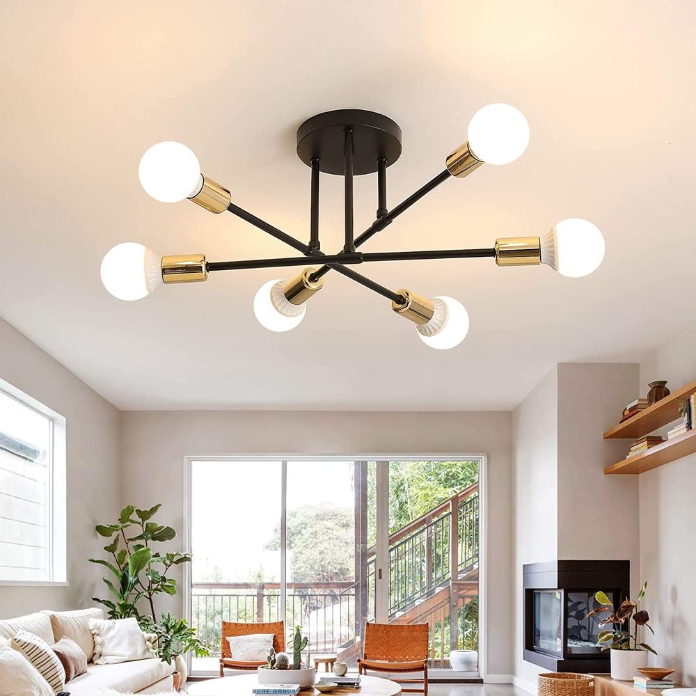 Lámpara colgante modelo araña negro y dorado - Incluye 6 bombillas