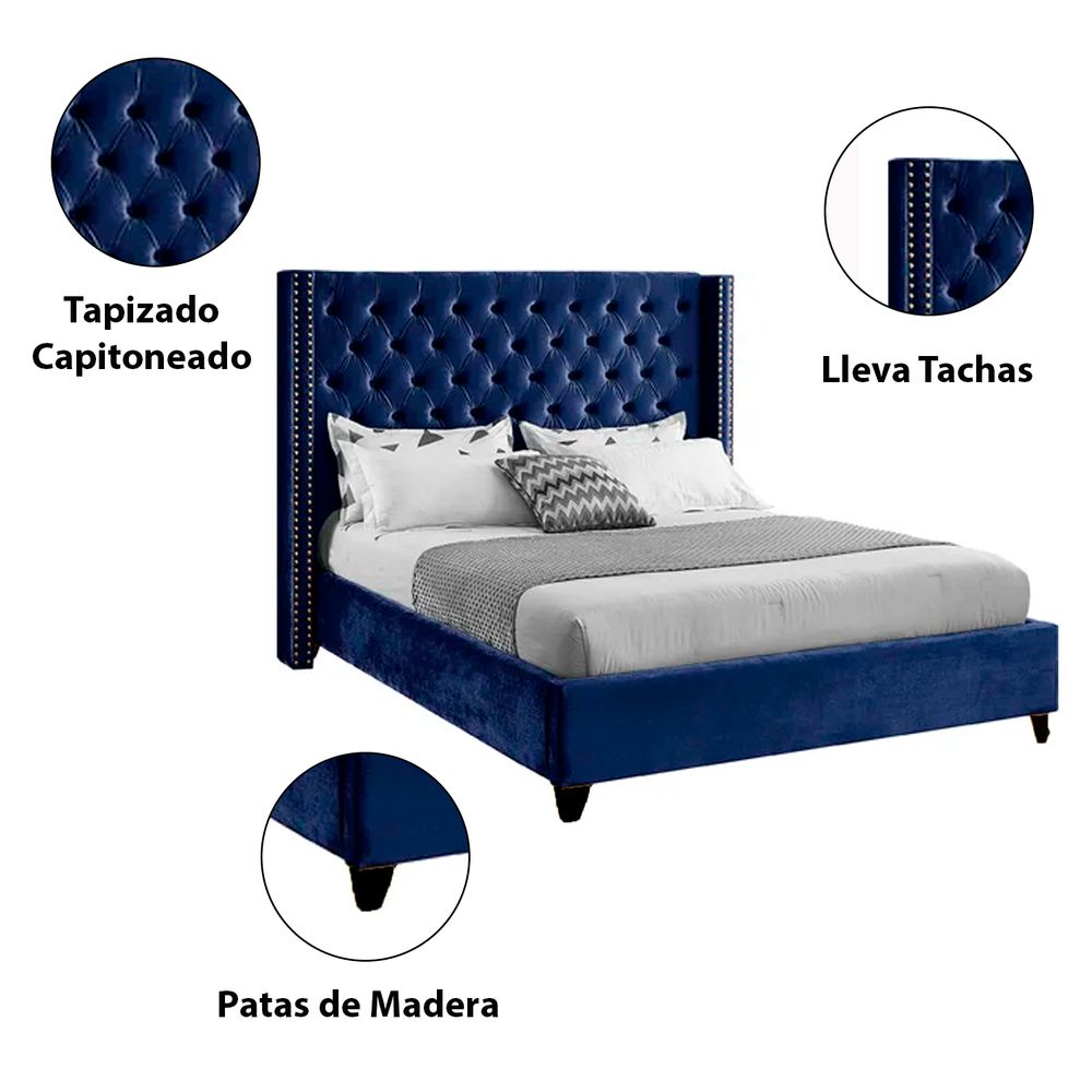 Cama Tapizada Capitoné LeMueble 2 plazas Azul