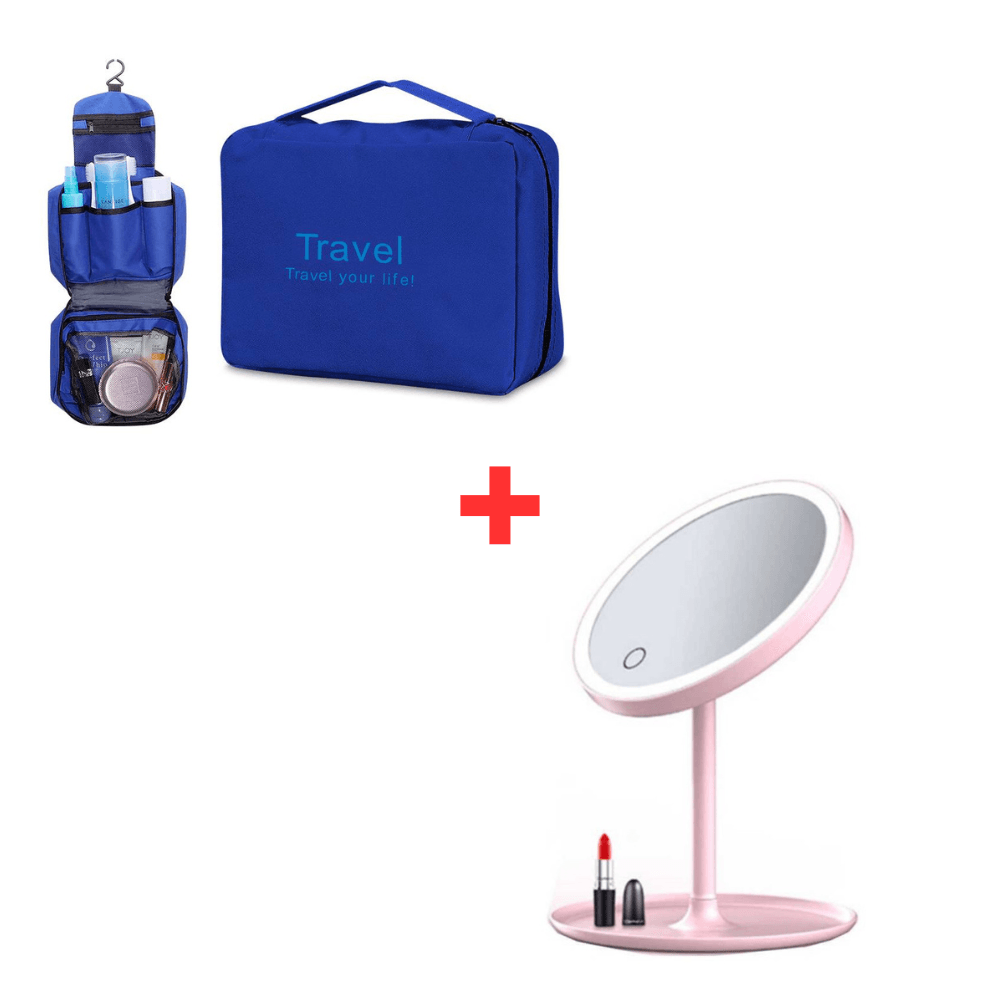 Combo Bolso Organizador de Maquillaje de Viaje + Espejo Luz Led Redondo