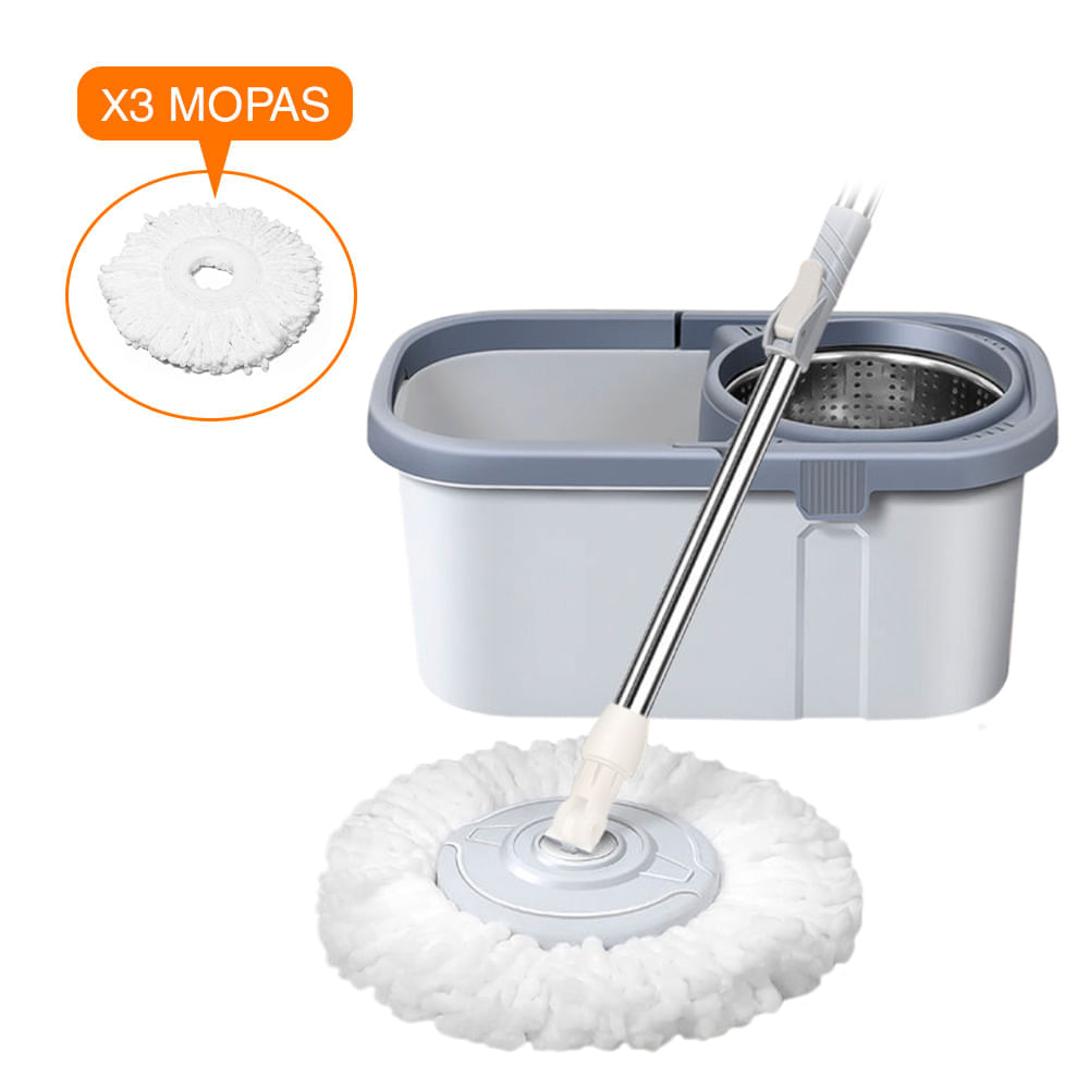 Balde Escurridor Trapeador Giratorio 3 Mopas Cuadrado PL