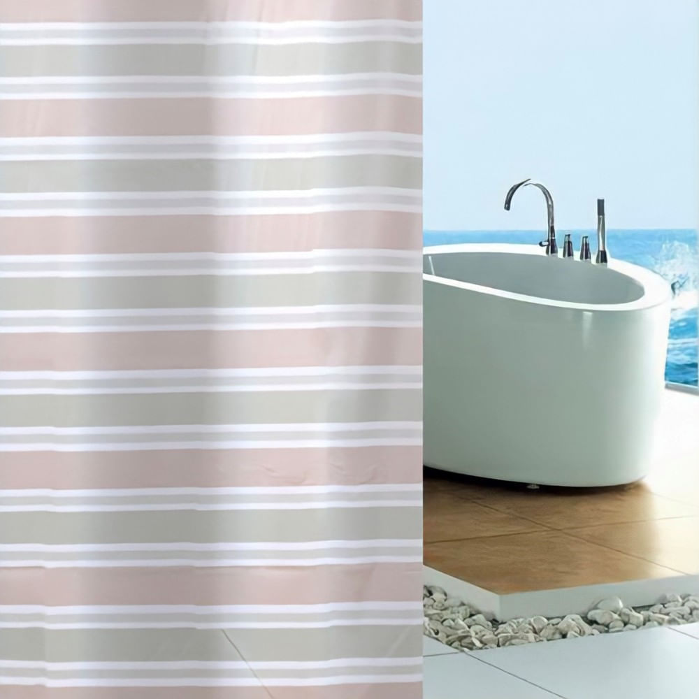 Cortina de Baño con Aros Pitukasa 180x180cm Peva Rayas Gris Beige
