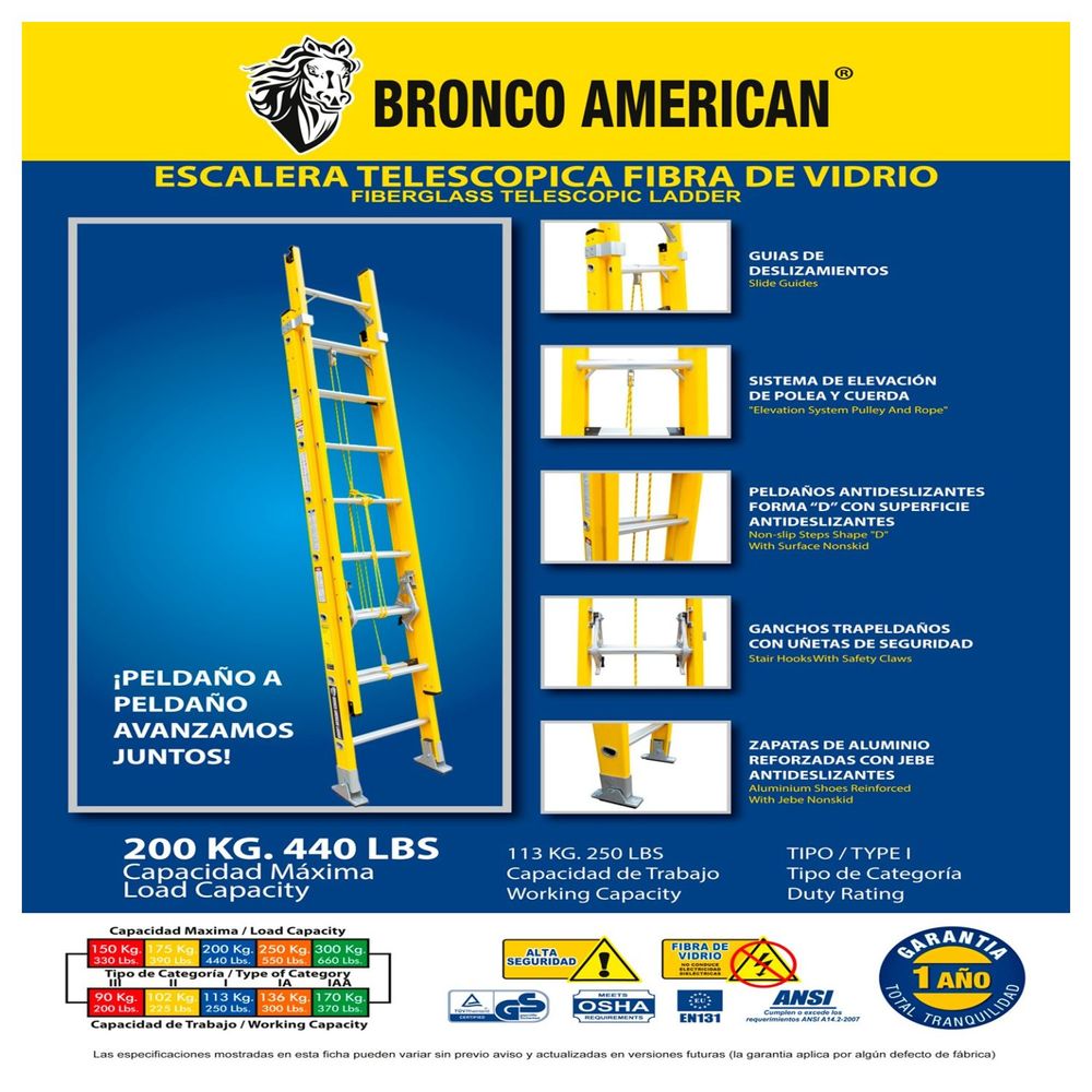 Escalera telescópica, 7 peldaños, tipo II, capacidad 102kg