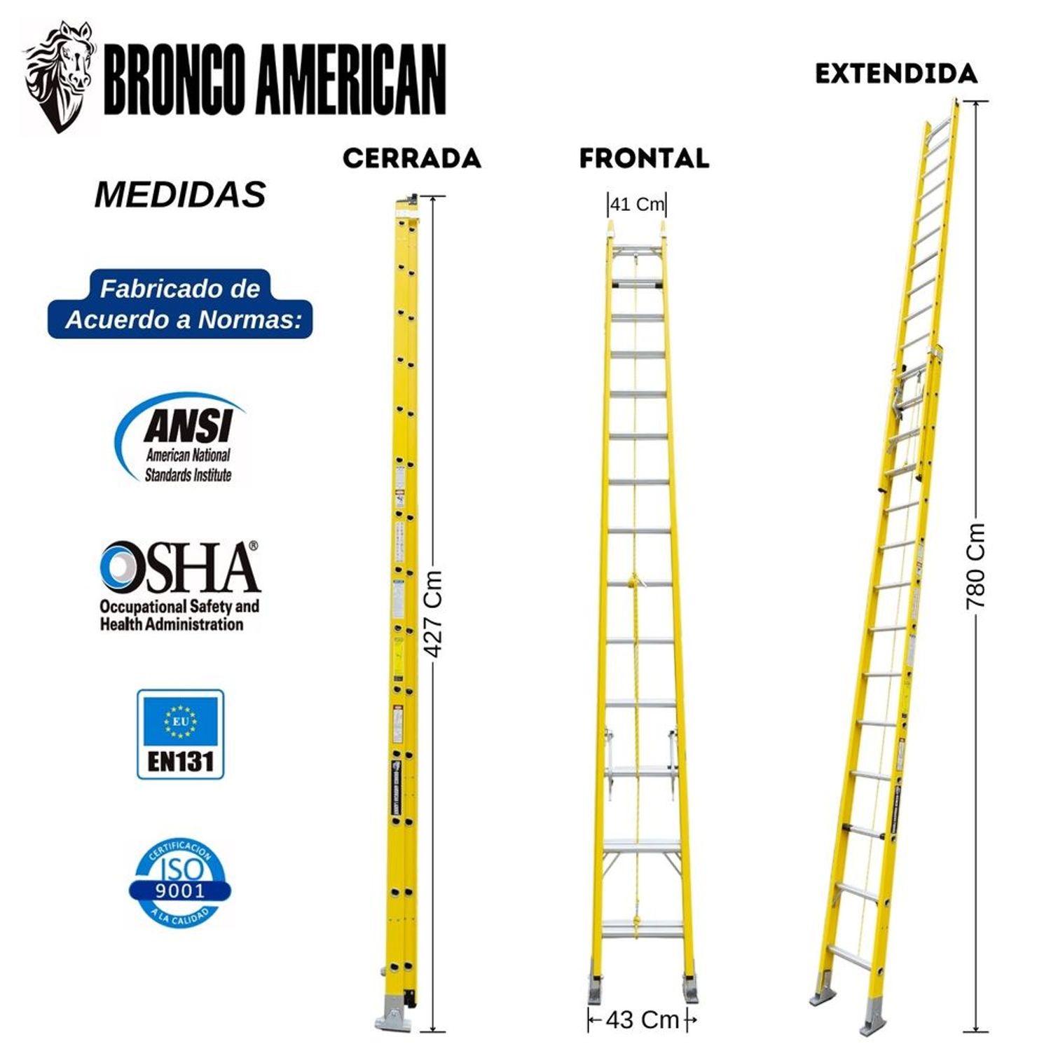 Escalera Fibra de Vidrio Telescopica de 28 Pasos Cap. Carga Max: 200 Kg  Bronco American I Oechsle