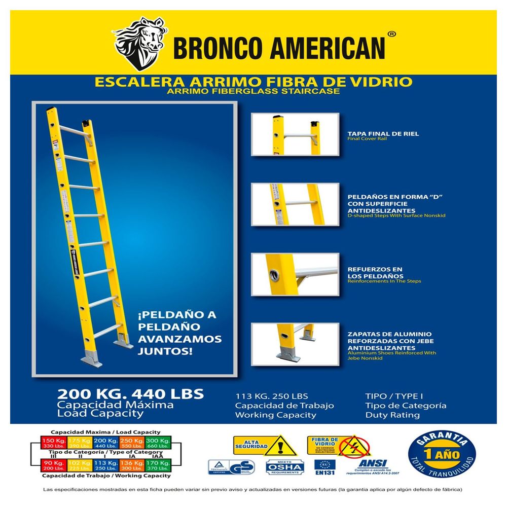 Escalera Fibra de Vidrio Arrimo 10 Pasos Cap. Carga Max: 200 Kg Bronco  American I Oechsle - Oechsle