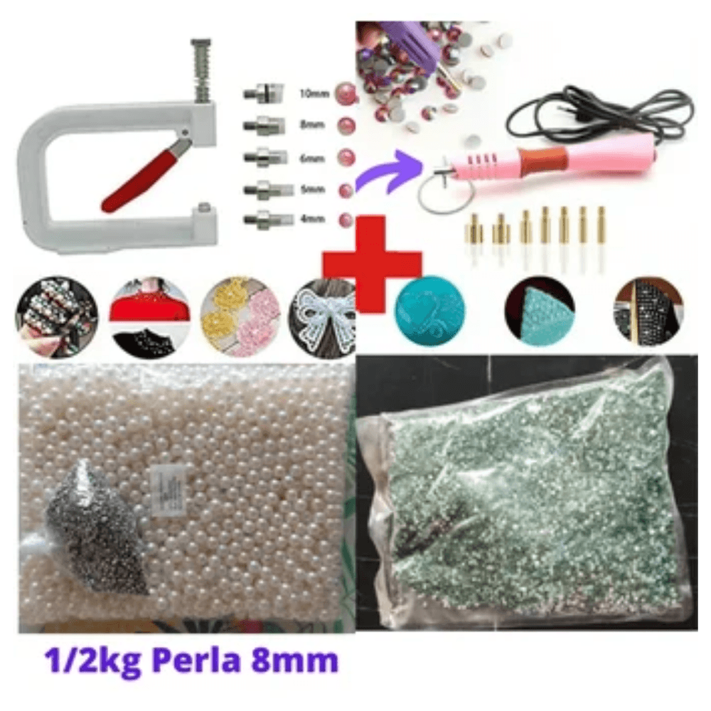 Maquina Remachadora de Perlas sin Hueco 8mm Más Aplicador Strass Kit Completo