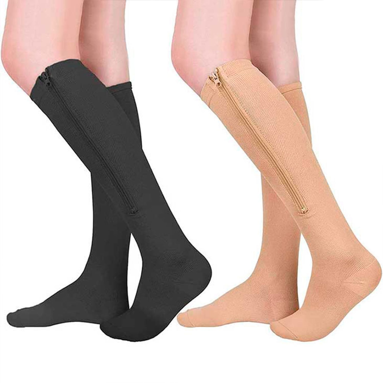 Calcetines de compresión con cremallera Sox calcetines de compresión con  cremallera y soporte de pierna hasta la rodilla, puntera abierta (XXL,  beige)