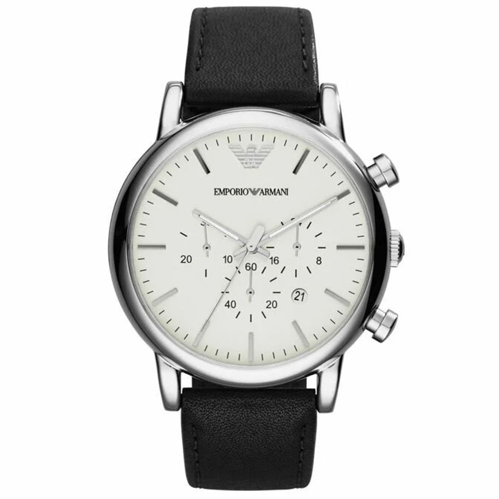 Reloj Emporio Armani Luigi AR1807 Fecha Cronómetro Correa de Cuero Negro Dial Blanco