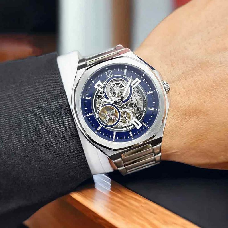 Reloj Fossil Grant FS4835 Genuino Cronómetro Acero Inoxidable Correade  Cuero Azul Dorado