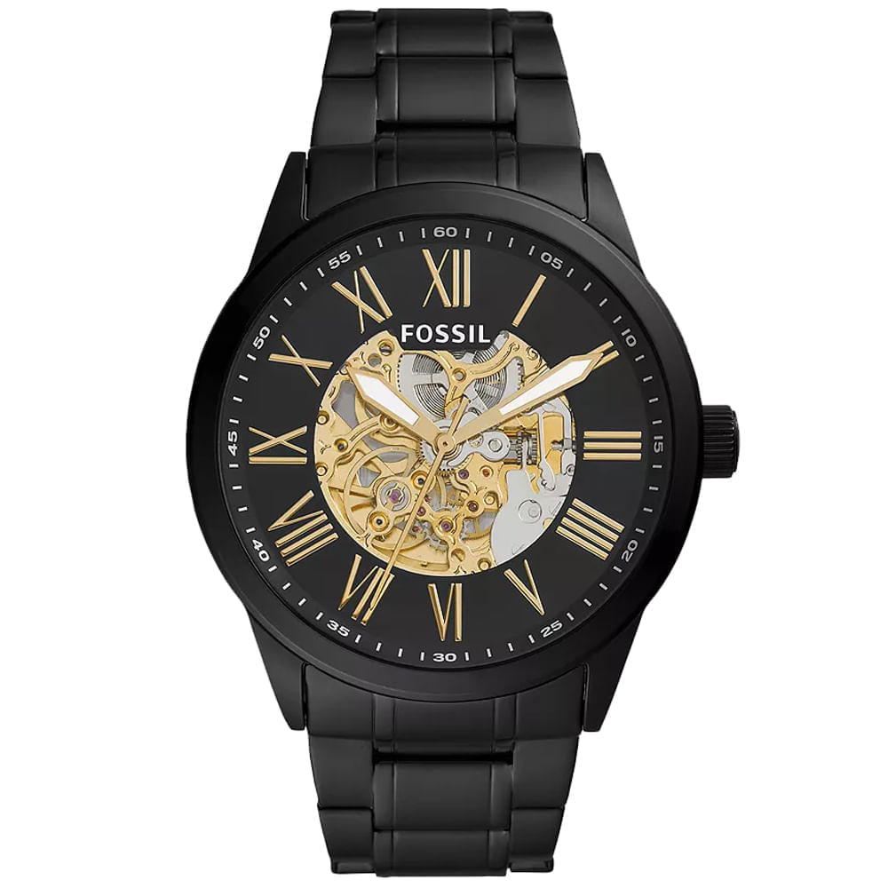 Reloj Fossil Flynn BQ2092 Automático Acero Inoxidable Negro Dial Dorado