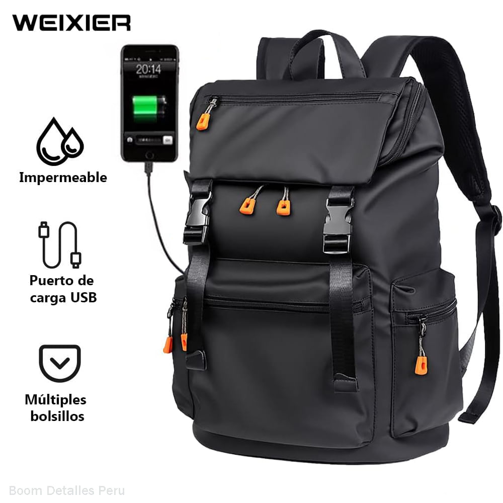 Mochila Hombre Moda Urbana con Porta Laptop y USB Mochila Impermeable Negro