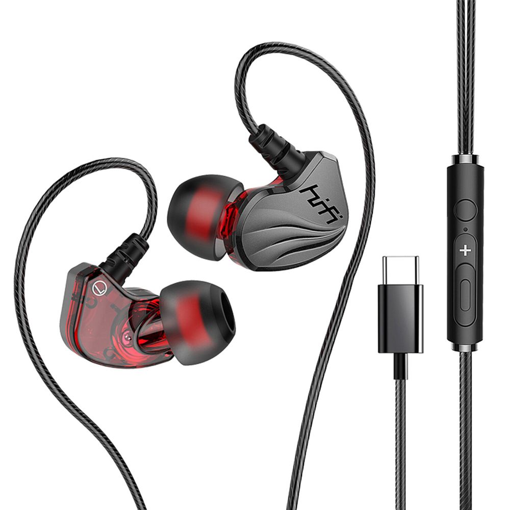 Audifonos De Música T2000 Type-C Intrauditivos Con Cable Y Micrófono Negro Rojo