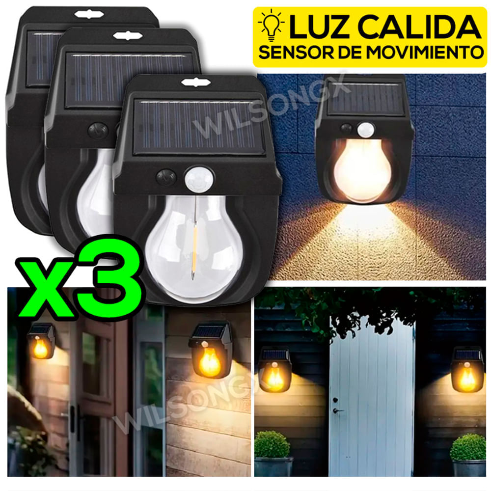 Combo 3 Lámparas Led Solares con Sensor Movimiento Recargable