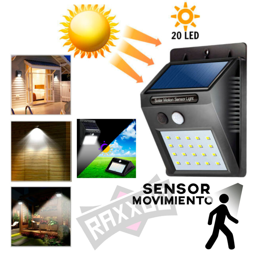 Reflector Lampara Led Solar con Sensor de Movimiento 20 Leds