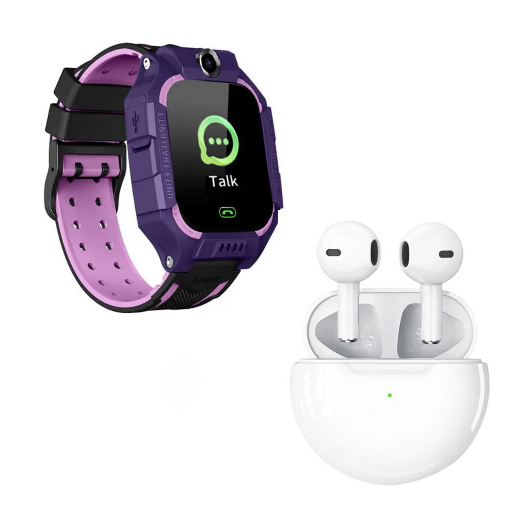 Pack Smartwatch para niños Q19 Morado y Audífonos Pro 6 Blanco