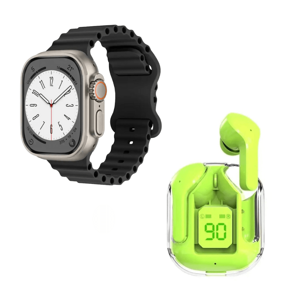 Pack Smartwatch T900 Ultra L Big Negro y Audífonos Air 31 Verde