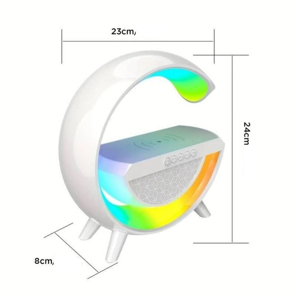 Lámpara LED multicolor con cargador inalámbrico y altavoz Bluetooth.
