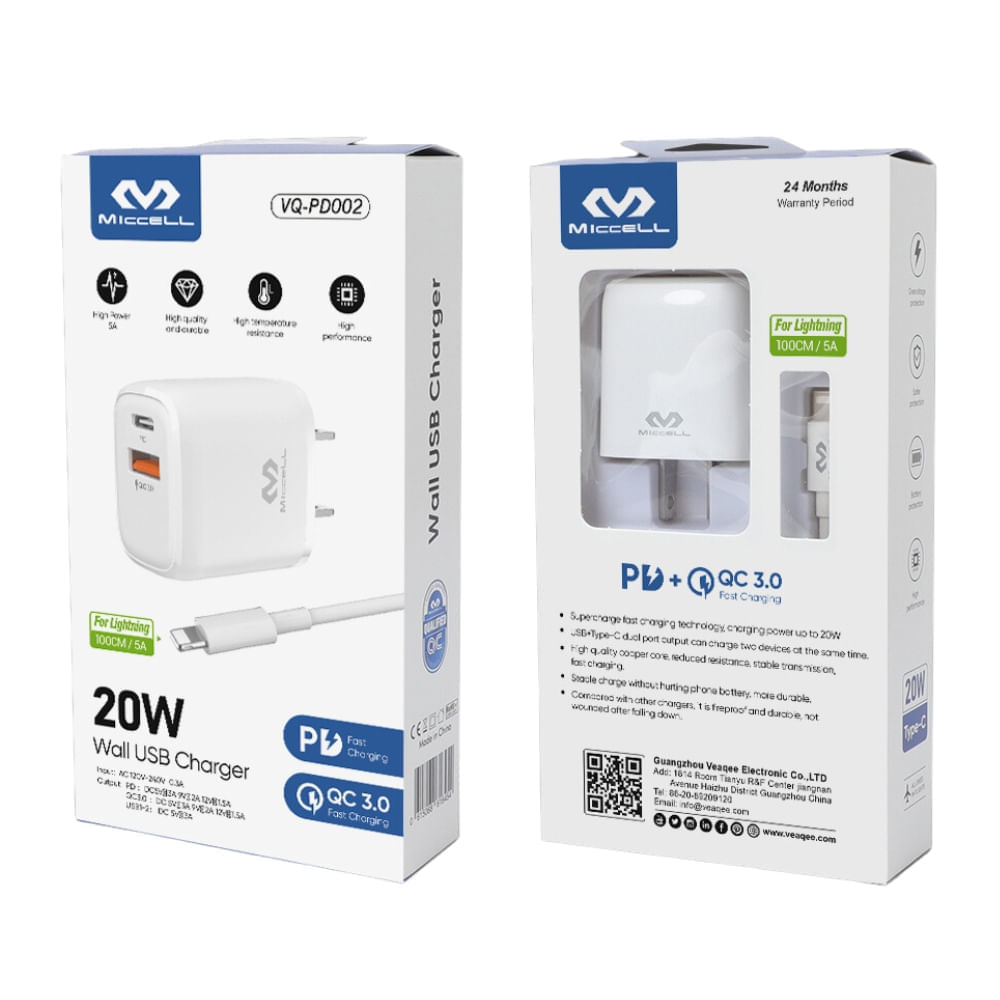 Cargador de Pared para Celular Carga Rápida Miccell VQ PD002 / Blanco / USB  y Tipo-C, Cargadores, Accesorios para celular, Telefonía Fija y  Celulares, Todas, Categoría