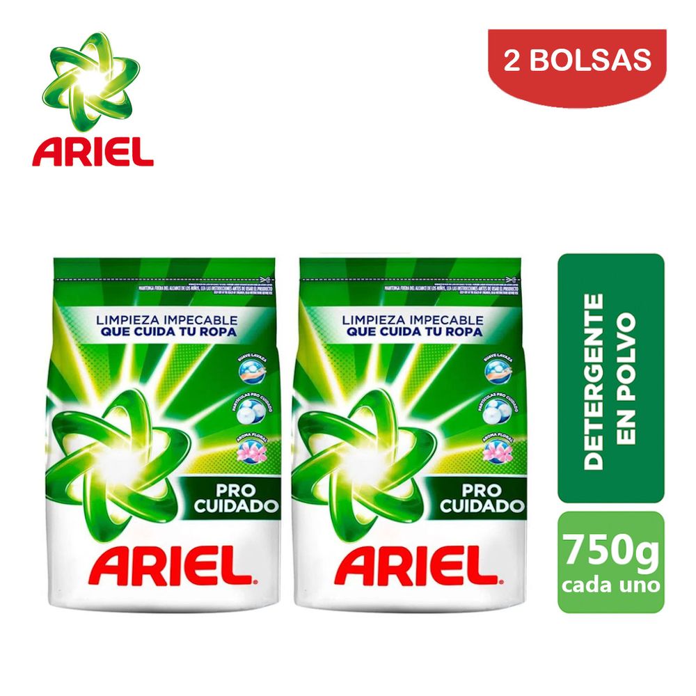 Detergente en Polvo Ariel 750 Gramos Pro Cuidado Pack 2 Bolsas