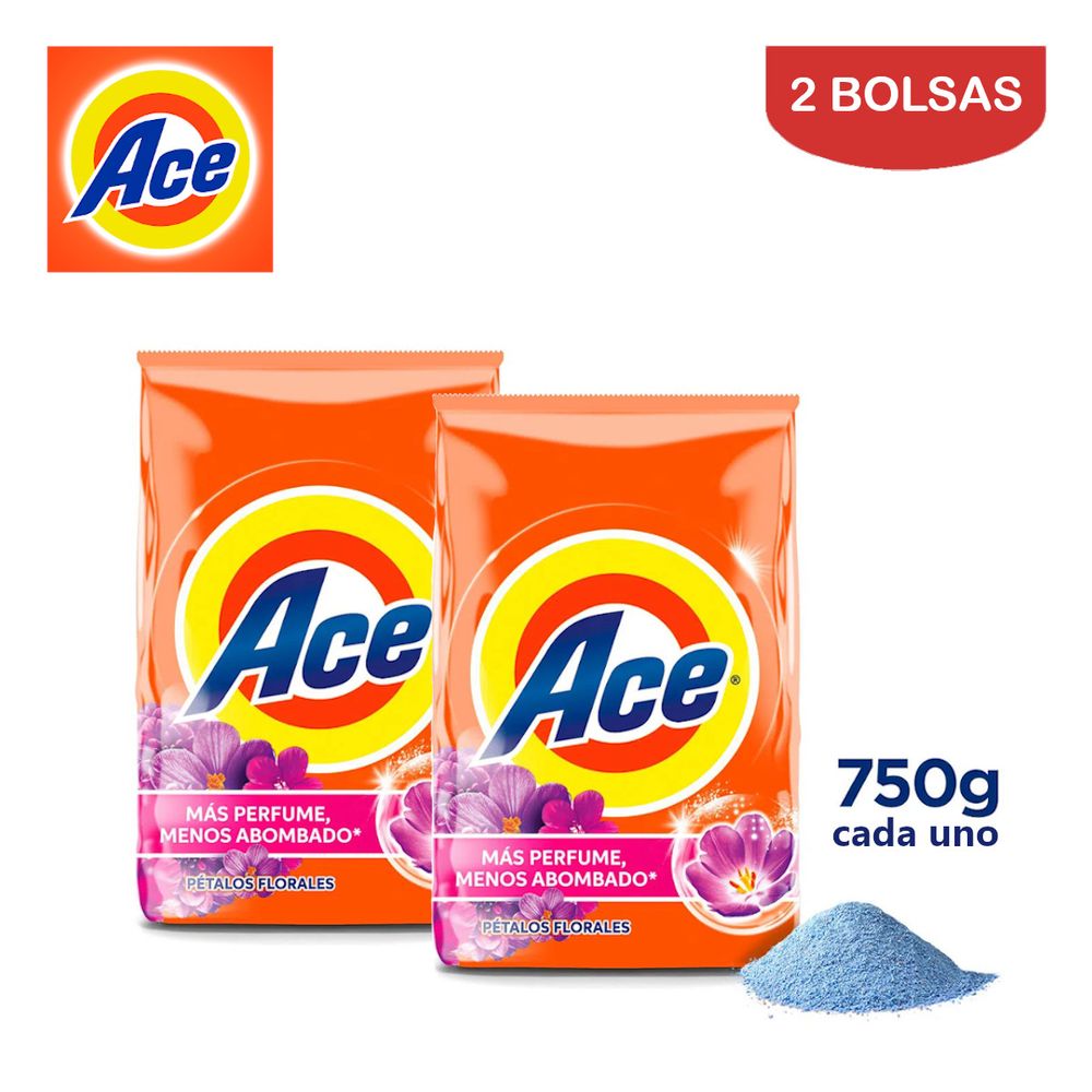 Detergente en Polvo Ace Pétalos Florales 750 Gramos Pack 2 Bolsas