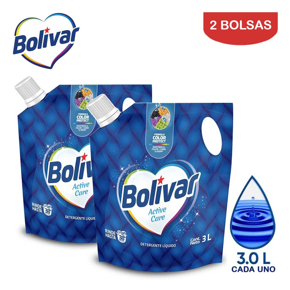 Detergente Líquido Bolivar Active Care Floral 3 Litros Pack 2 Bolsas