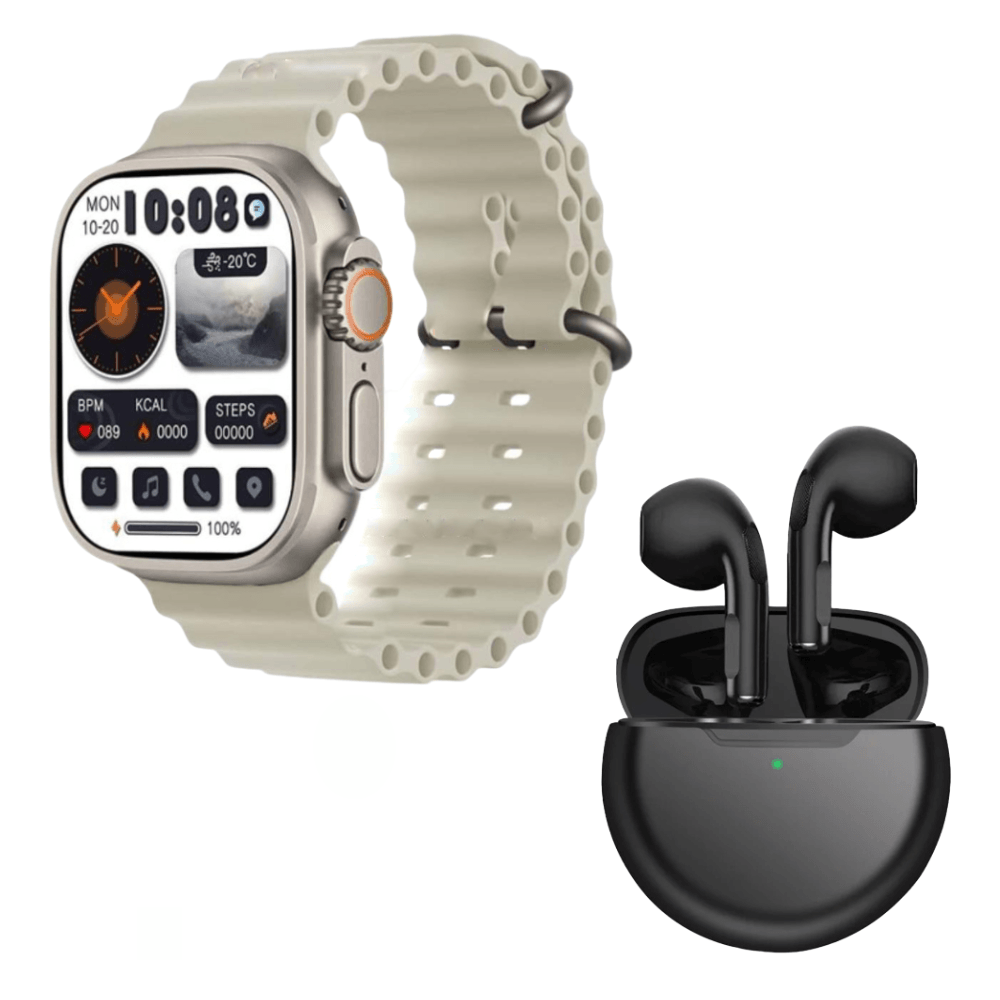 Pack Smartwatch Hello Watch 3 Beige 4GB Amoled Acuatico y Audifonos Pro 6 Negro