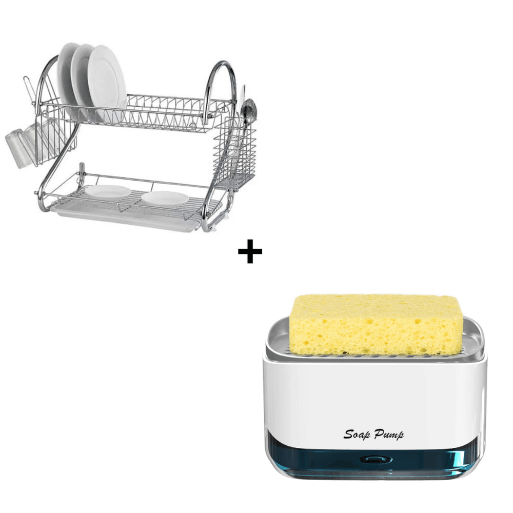 Combo Escurridor de Platos de Cromo + Dispensador de Jabón Lavavajilla con Soporte de Esponja