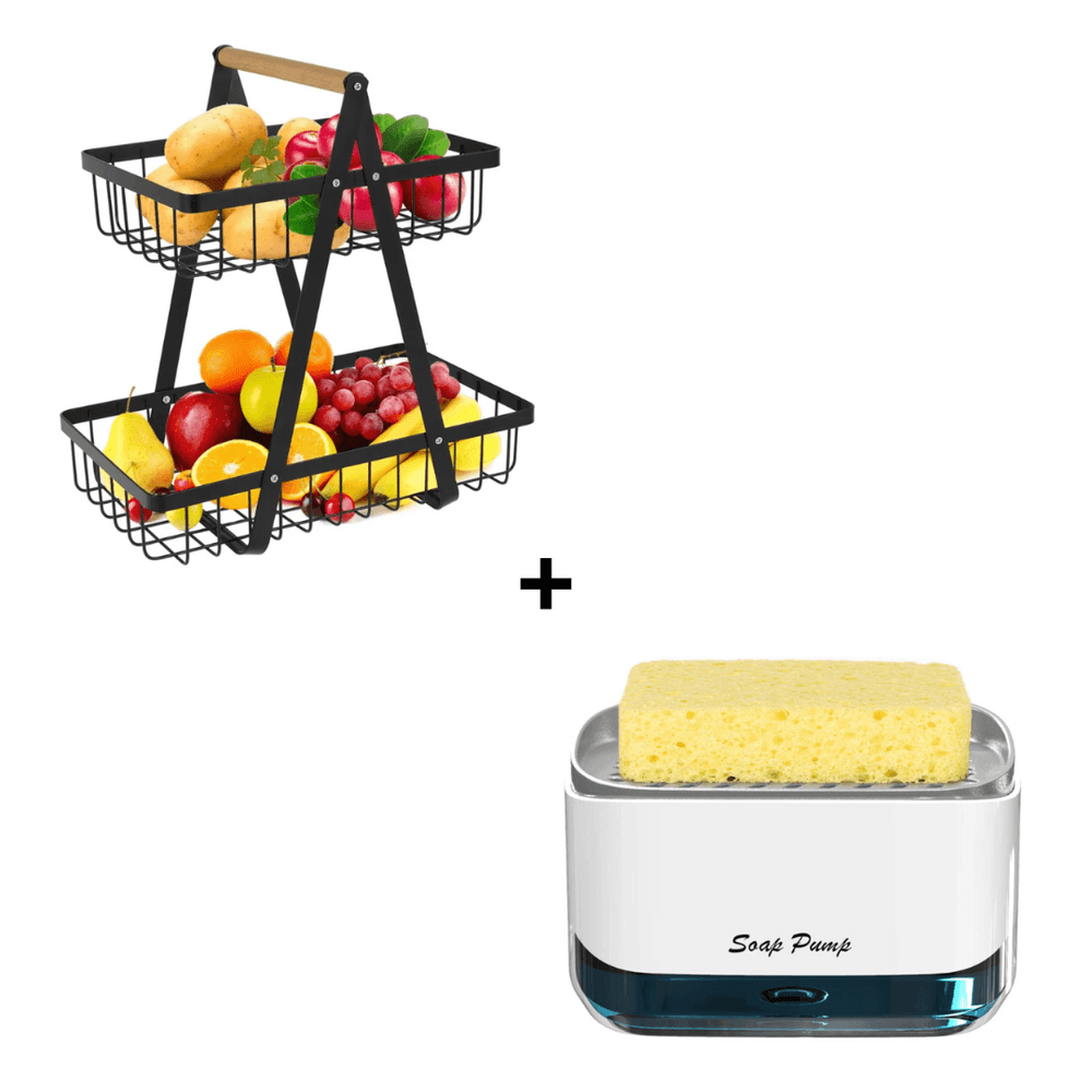 Combo Frutero 2 Niveles + Dispensador de Jabón Lavavajilla con Soporte de Esponja