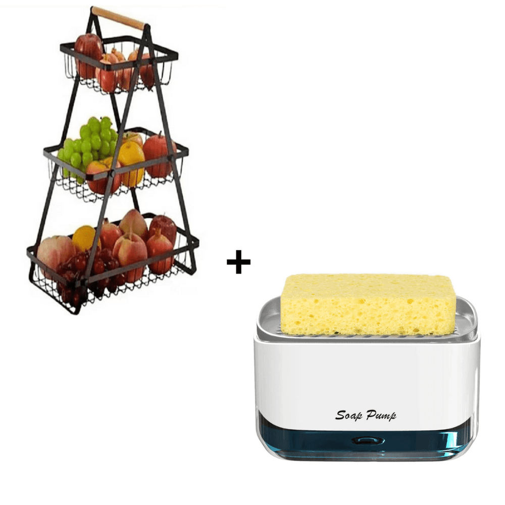 Combo Cesto de Frutas Triangular de 3 Niveles + Dispensador de Jabón Lavavajilla con Soporte de Espo