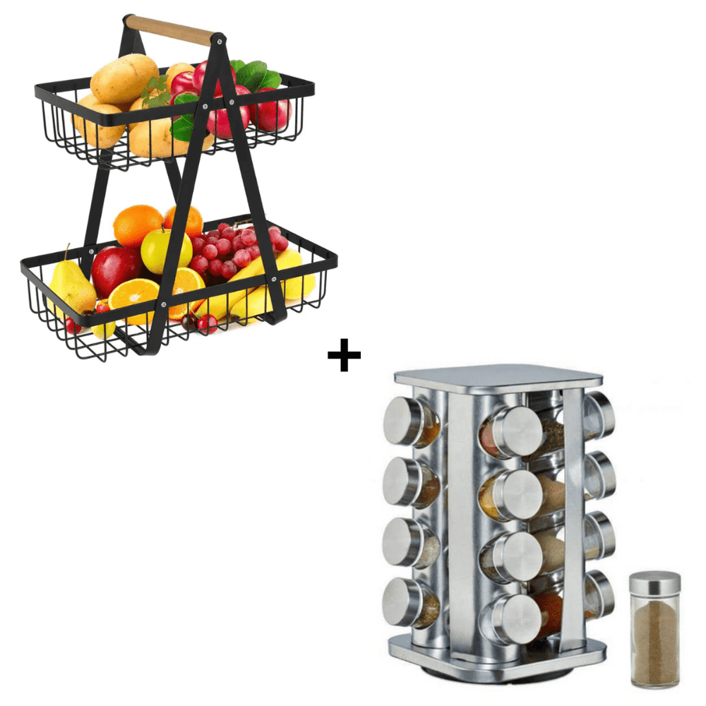 Combo Frutero 2 Niveles + Condimentero Giratorio de 16 Piezas