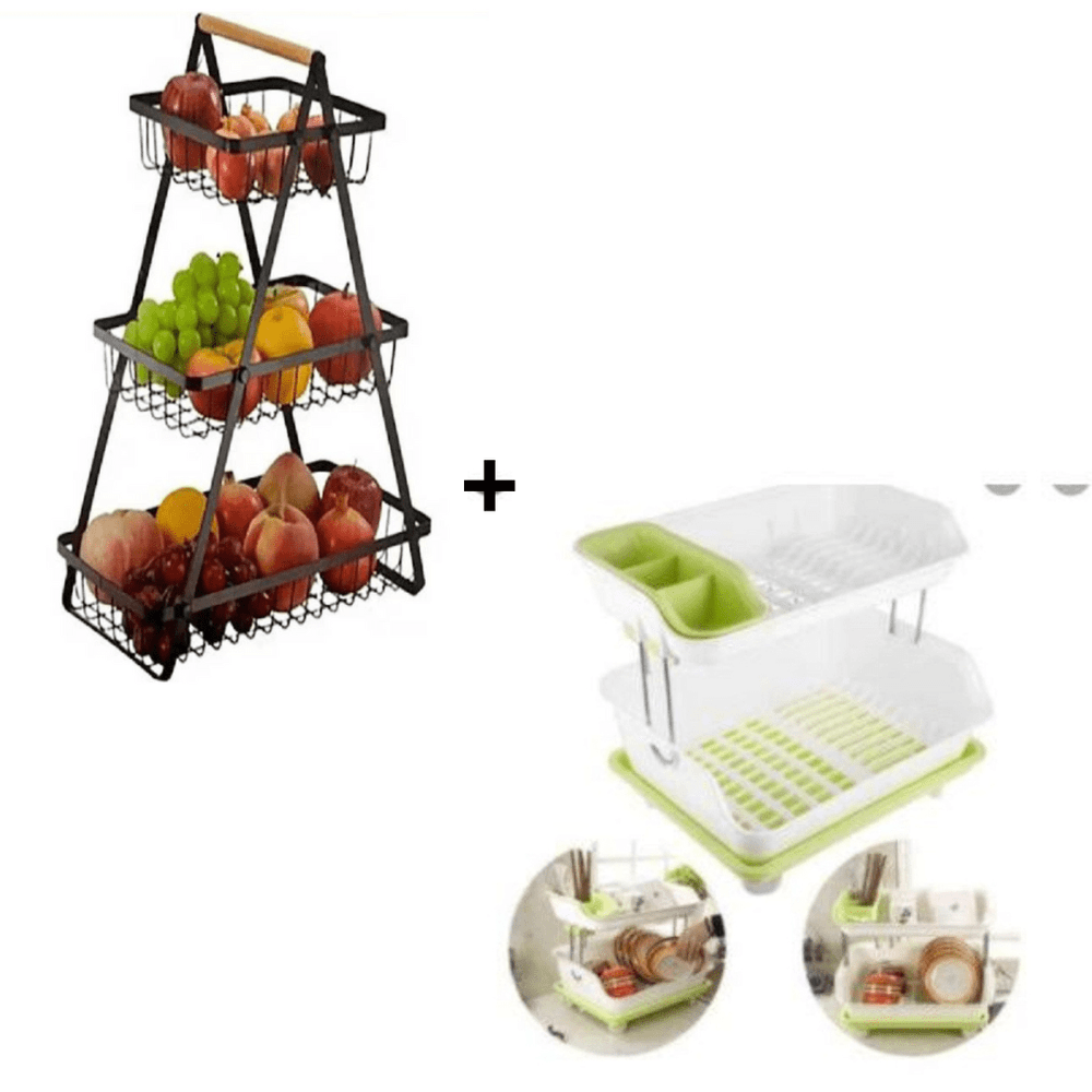 Combo Cesto de Frutas Triangular de 3 Niveles + Escurridor para Platos 2 Niveles