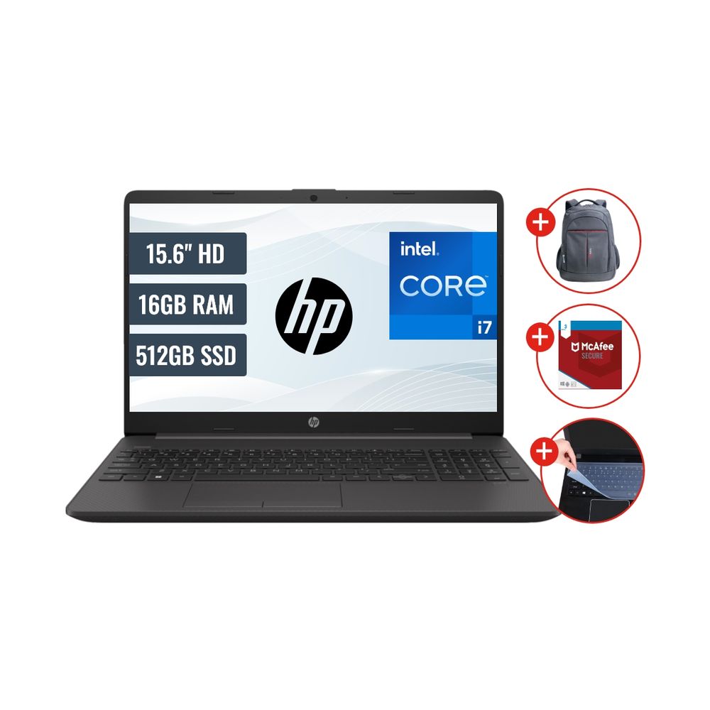 Combo Laptop HP 250 Intel Core i7 16GB RAM 512GB SSD 15.6 HD Mochila Antivirus y Protector Teclado